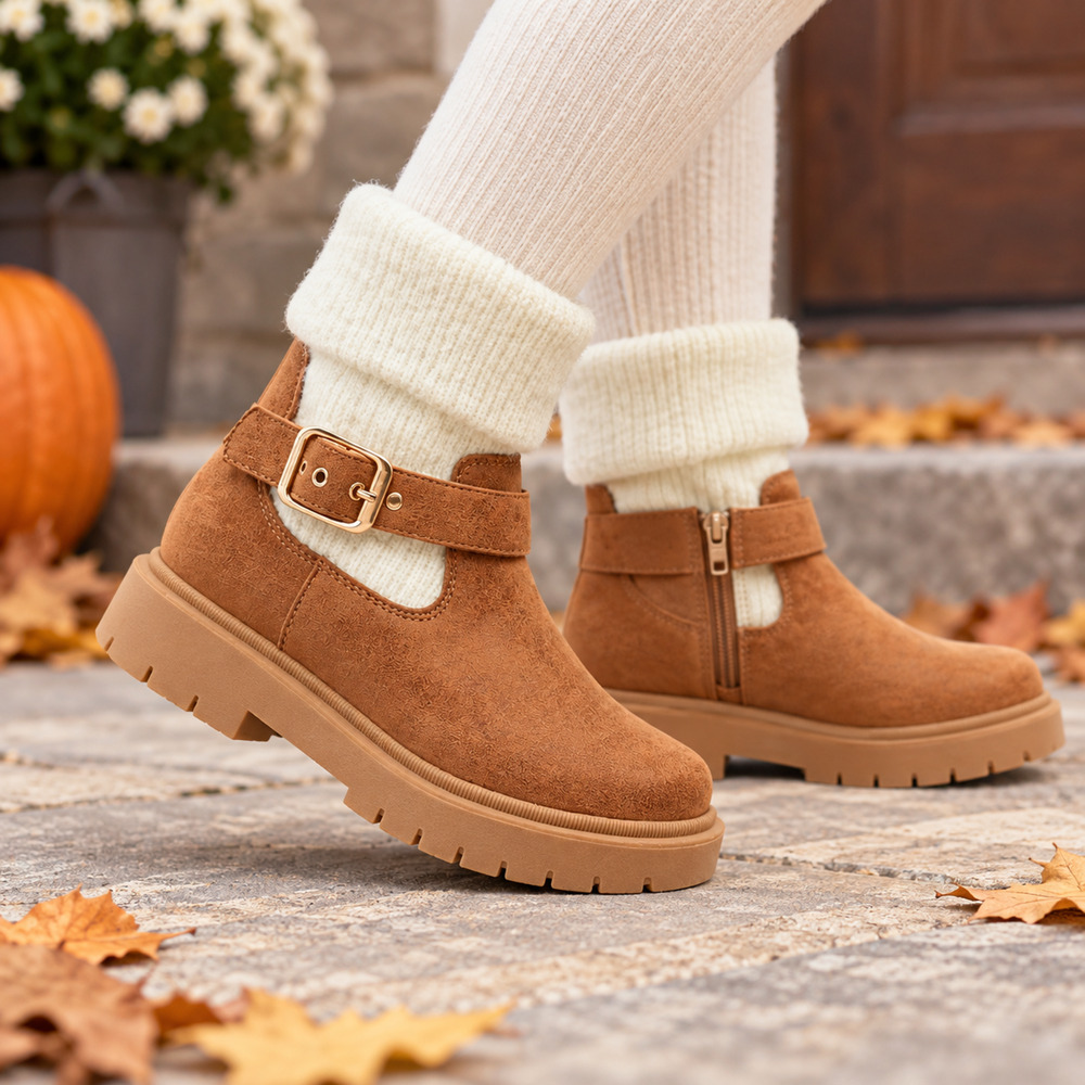 Girls Size 13C Brown Ankle Boots Knit Cuff Buckle Zipper Lug Sole Winter